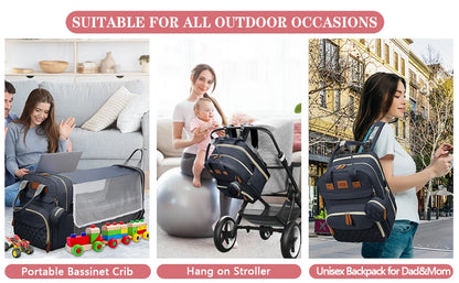 3-in-1 Diaper Backpack with Foldable Baby Bed