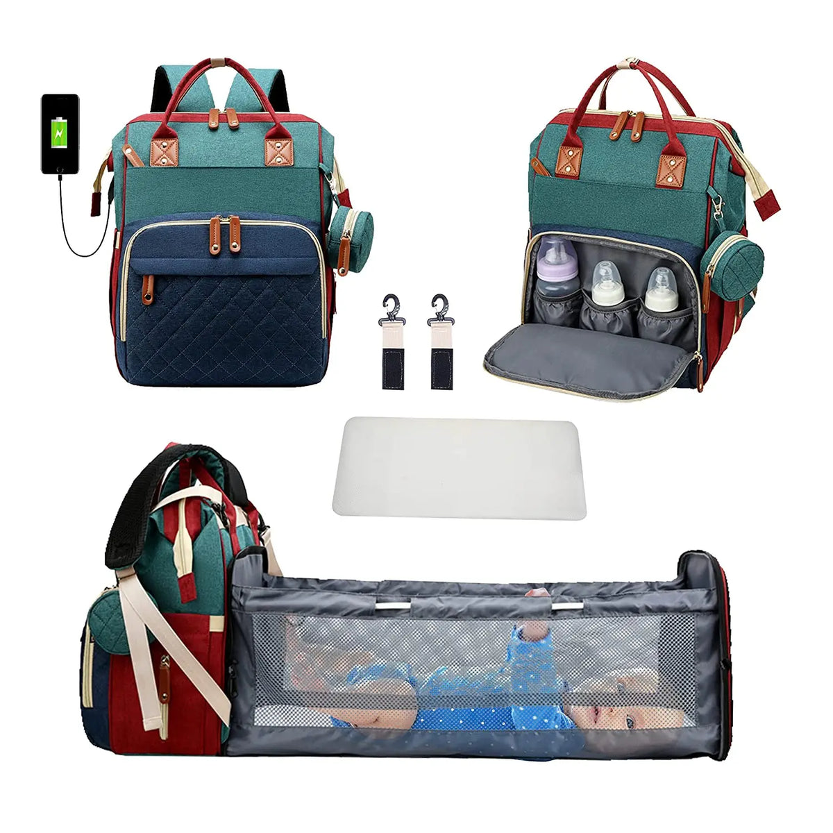 3-in-1 Diaper Backpack with Foldable Baby Bed