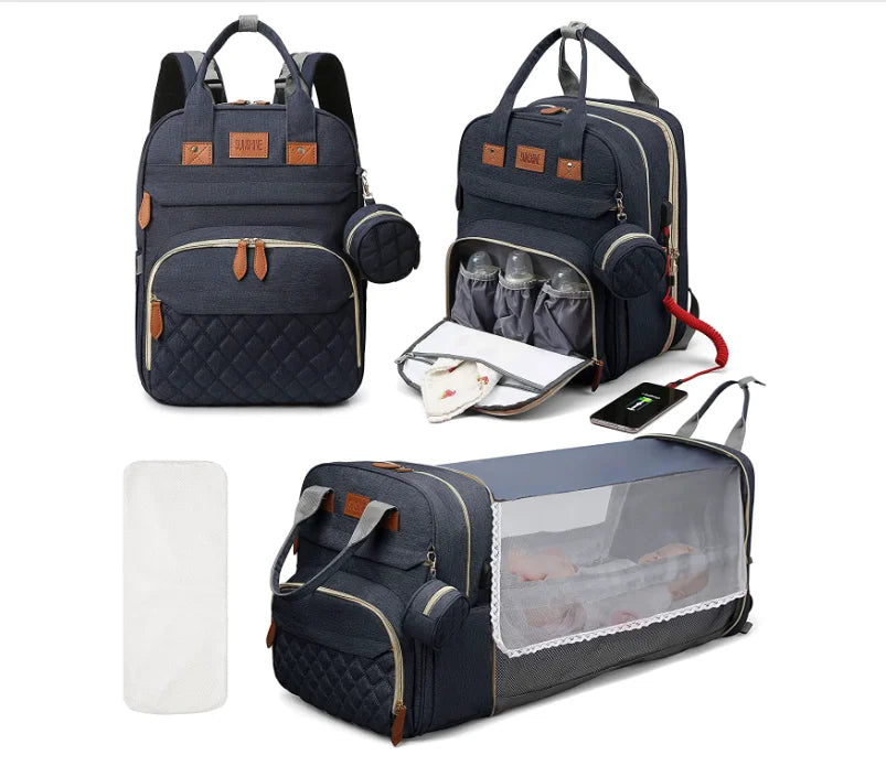 3-in-1 Diaper Backpack with Foldable Baby Bed