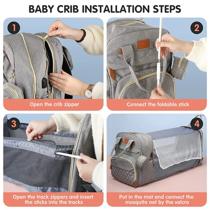 3-in-1 Diaper Backpack with Foldable Baby Bed