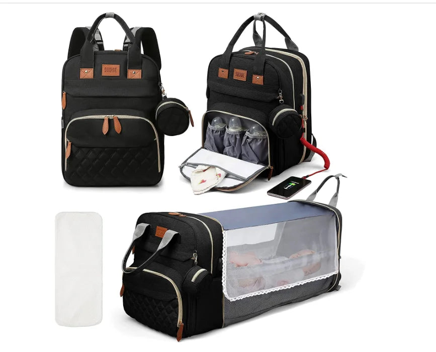 3-in-1 Diaper Backpack with Foldable Baby Bed