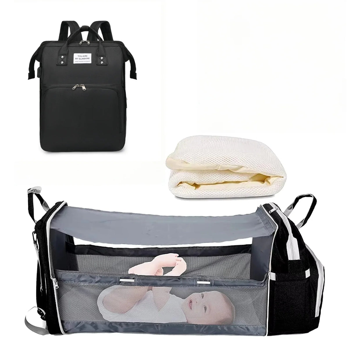 3-in-1 Diaper Backpack with Foldable Baby Bed